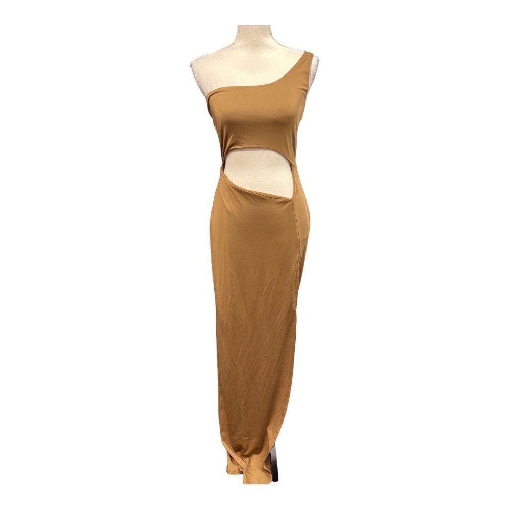 Superdown M Erla Cutout Maxi Slip Dress One Shoulder Brown High Slit Cocktail